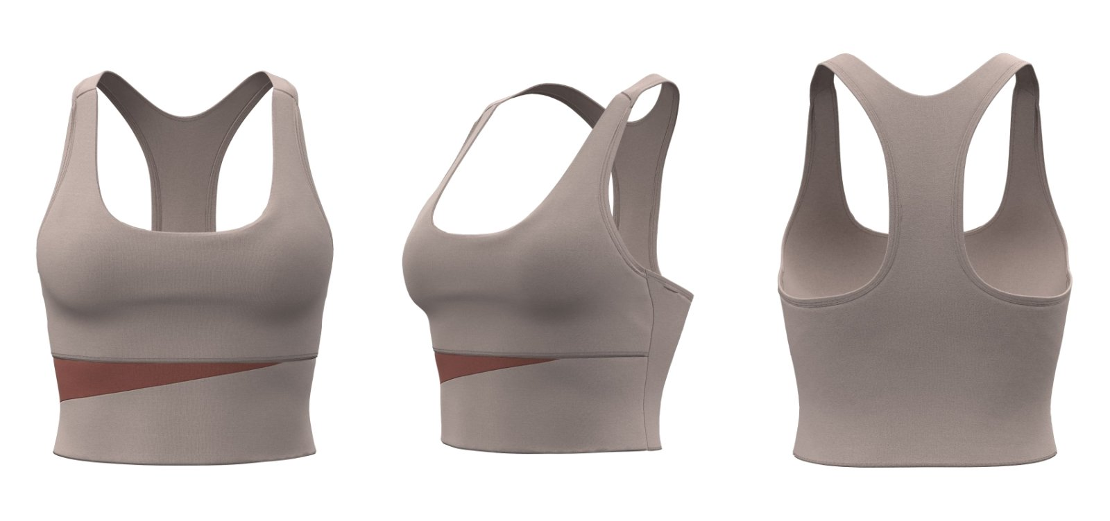 Taupe sports bra tank top with rust brown trim – front, side, back
