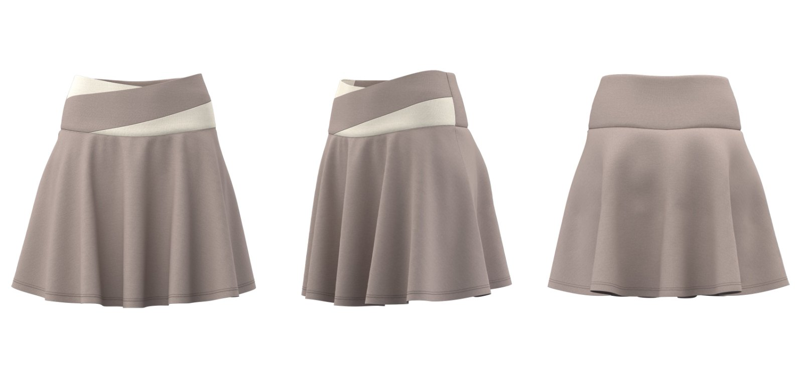 Khaki sports skort (front, side, back views)
