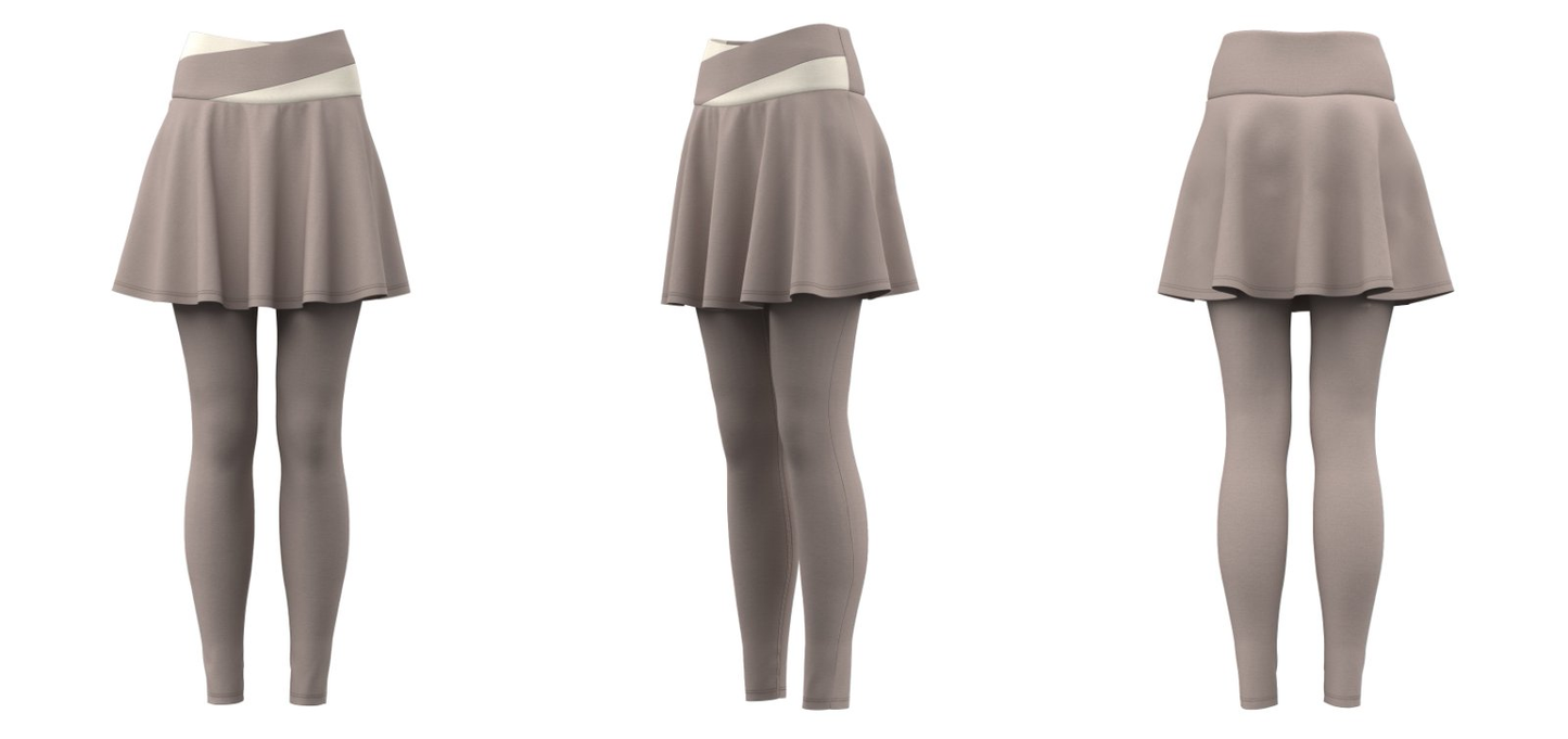 Khaki skirted leggings front, side, and back view