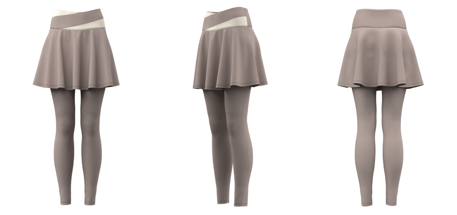 Khaki skirted leggings front, side, and back view